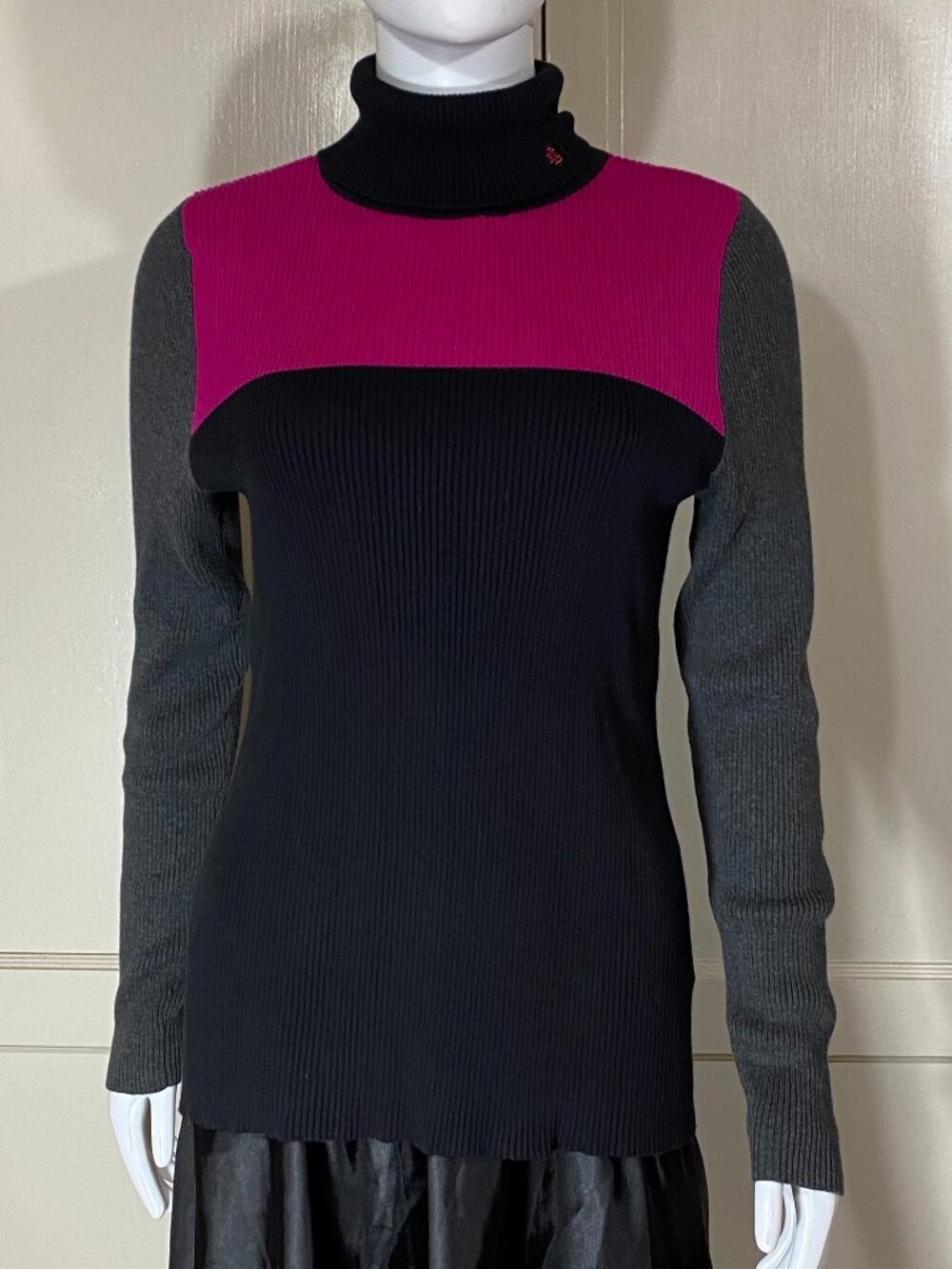 Vintage RALPH LAUREN Colorblock Rib Knit Turtleneck Sweater Pink Black Grey, L